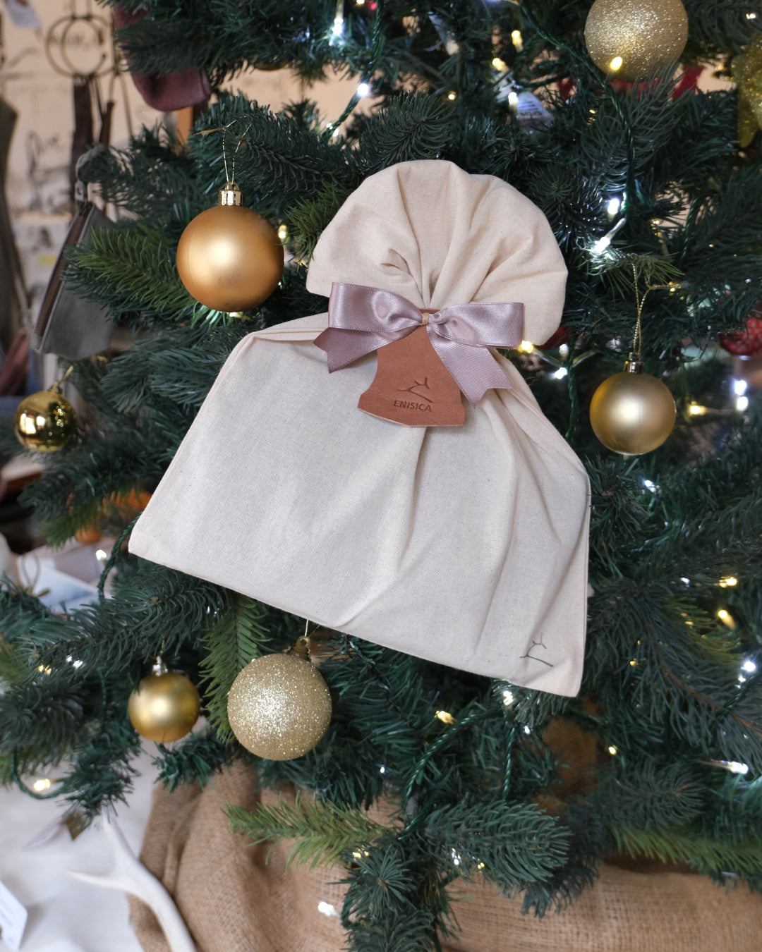 【ご自身で包むタイプ】ギフト用ラッピングキット【鹿革ラベル付コットンきんちゃく】・【簡易ラッピング】